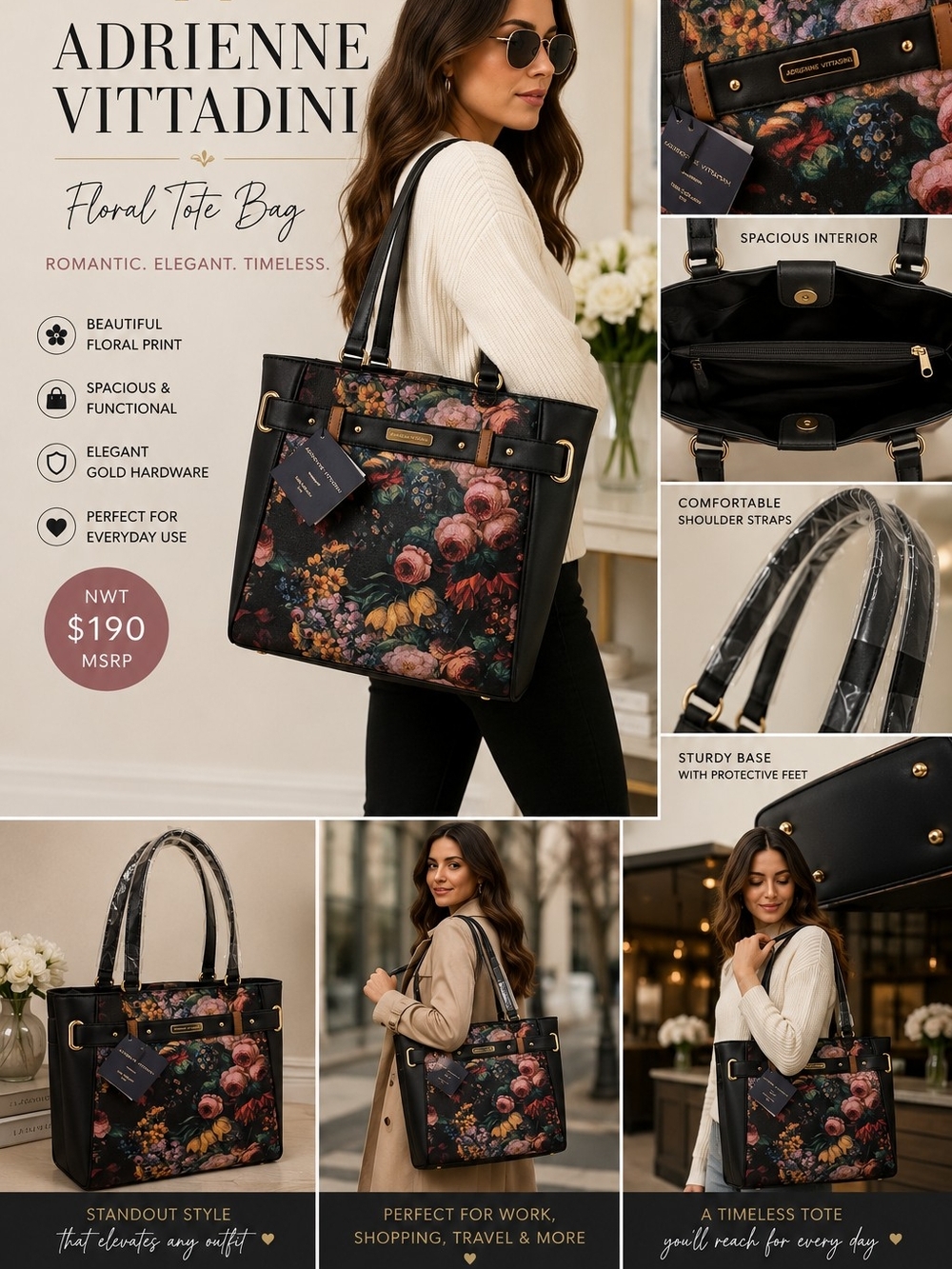 🌸 NWT Adrienne Vittadini Floral Tote Bag Black Romantic Gold-Tone Hardware 🌸